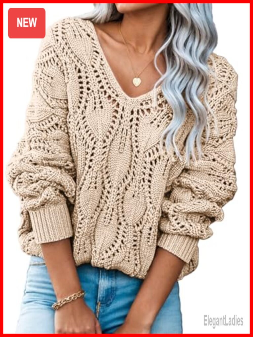 Dokotoo Women's Sweaters V Neck Crochet Hollow Out Winter Pullover Sweater